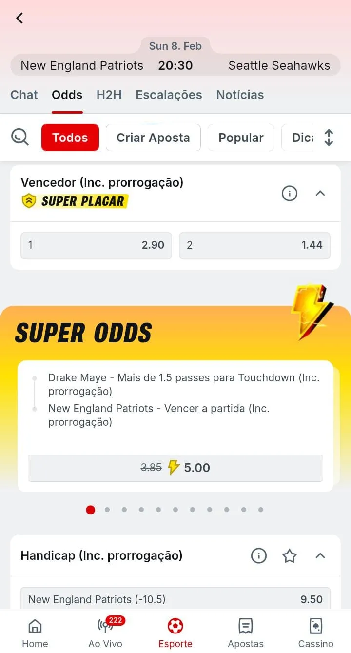 Super Odds e Super Placar para a aposta no vencedor da Super Bowl na Superbet