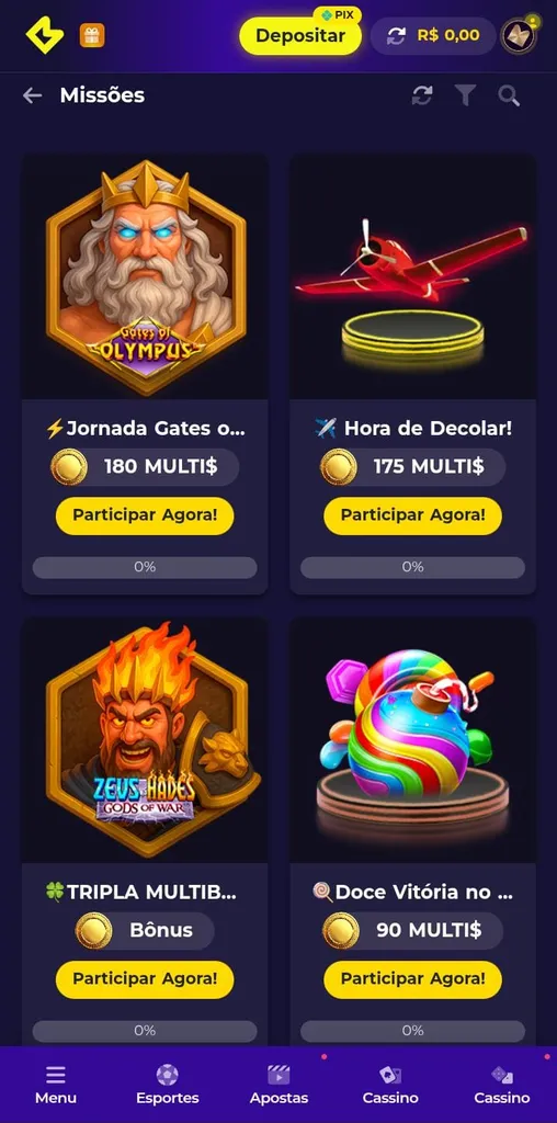 Ícones de 4 missões da Multibet para jogos como Gates of Olympus e Aviator, com botão de Participar Agora para