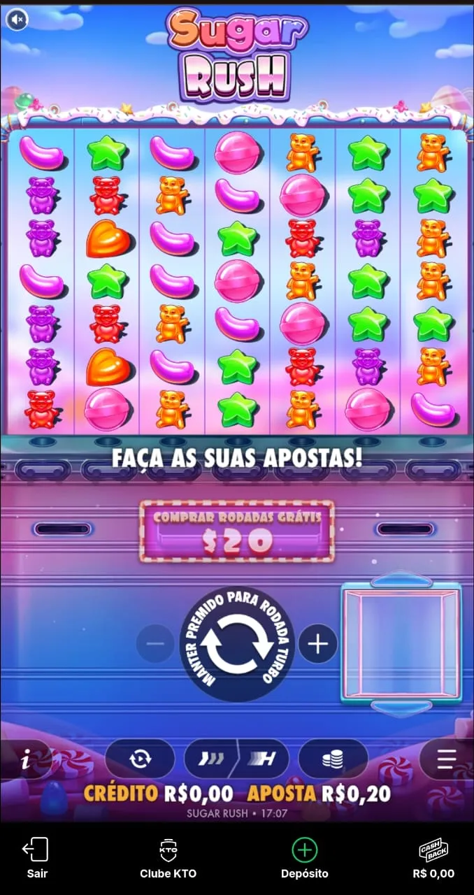 Tela inicial do Sugar Rush na KTO, com o ícone de cashback destacado no canto inferior direito.