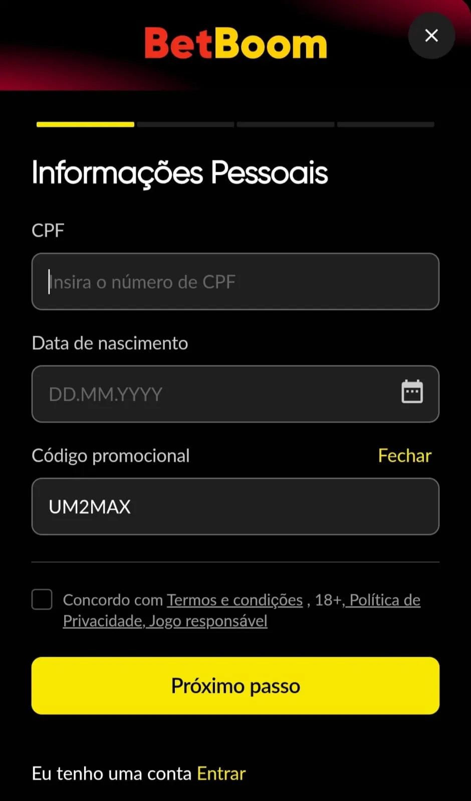 Formulário de cadastro da Betboom, com campos para CPF, nascimento e código promocional.
