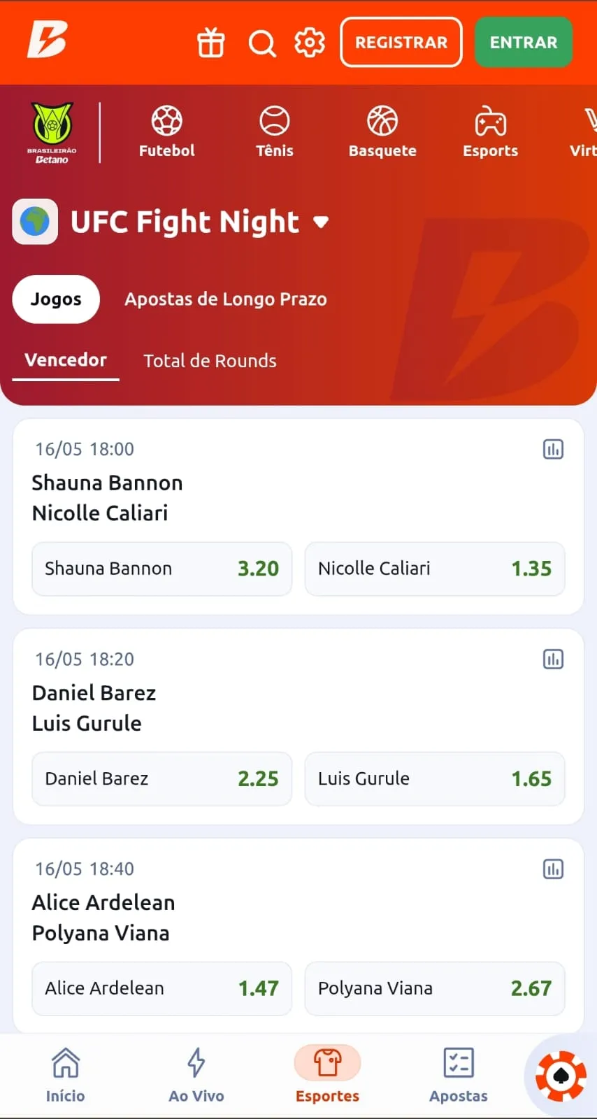 Odds para o mercado de vencedor de diferentes confrontos de UFC Fight Night na Betano