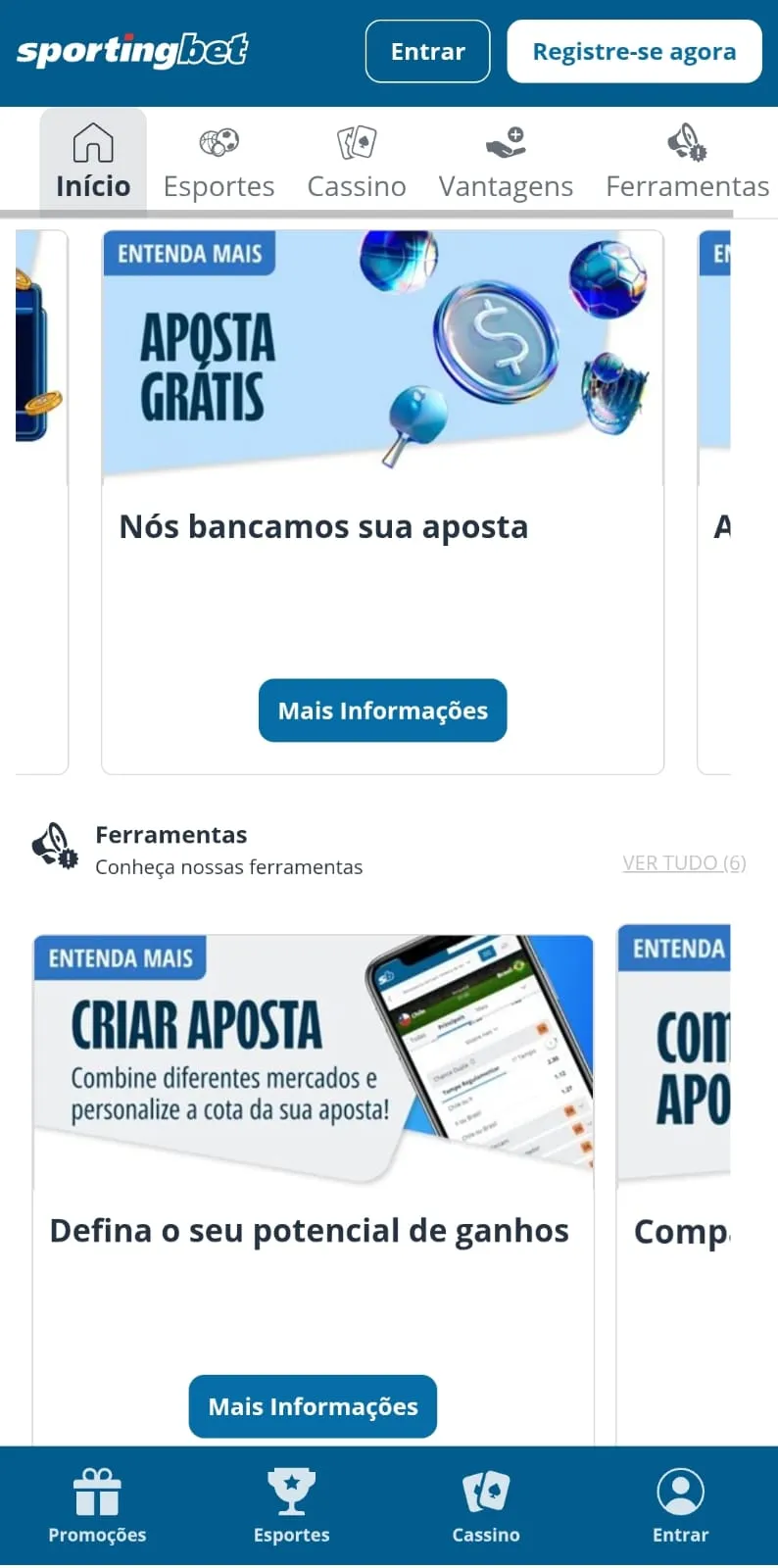 Print da página de promoções da Sportingbet com destaque para a oferta "Aposta Gratis".