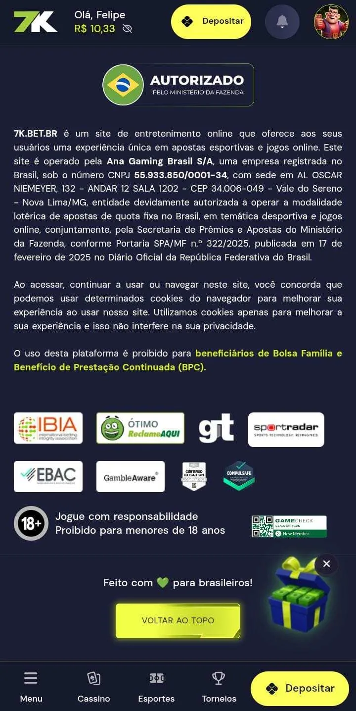 Rodapé do site da Bet7k, com informações de licença de funcionamento, CNPJ e selos de parcerias com entidades como o IBIA