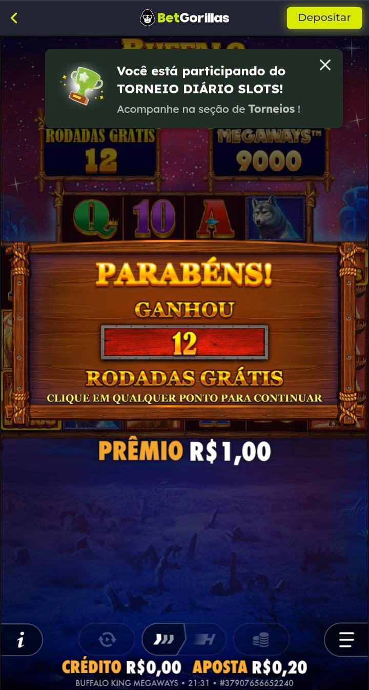 Prêmio de 12 rodadas grátis no jogo Buffalo King Megaways na BetGorillas
