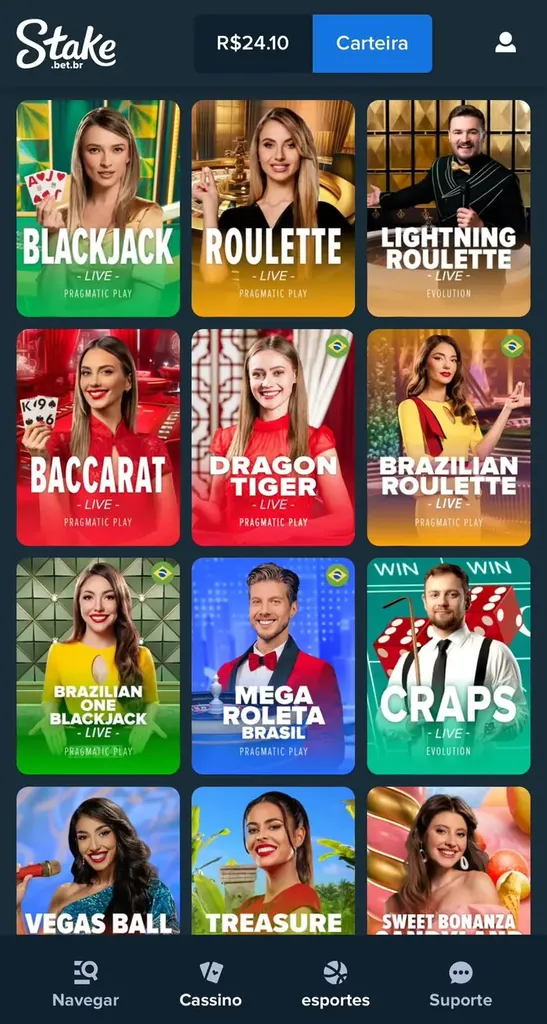 Cassino ao vivo online Stake com opções de jogos blackjack, brazilian roulette, Vegas Ball e outros.