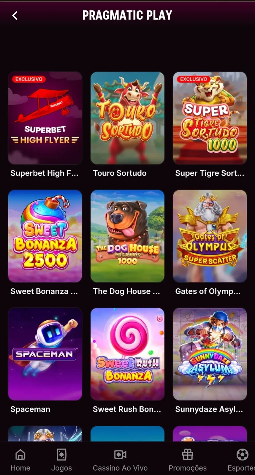 Jogos da Pragmatic Play na Superbet com títulos exclusivos da casa.