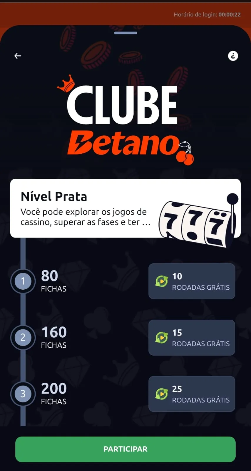 Captura de tela da oferta de rodadas grátis do Clube Betano.