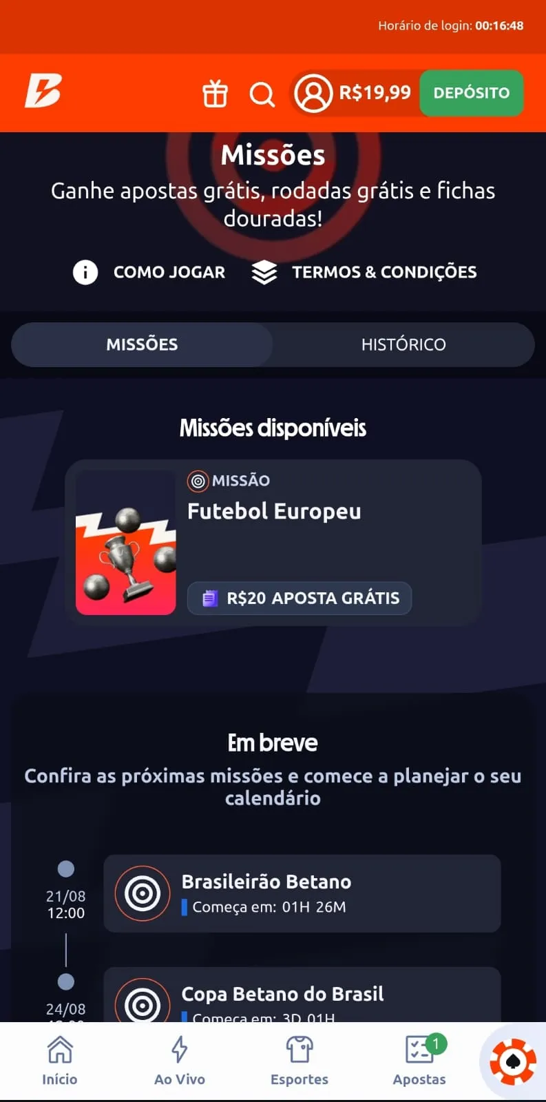 Painel de missões da Betano, como a campanha Futebol Europeu e outros eventos programados para começar em breve.