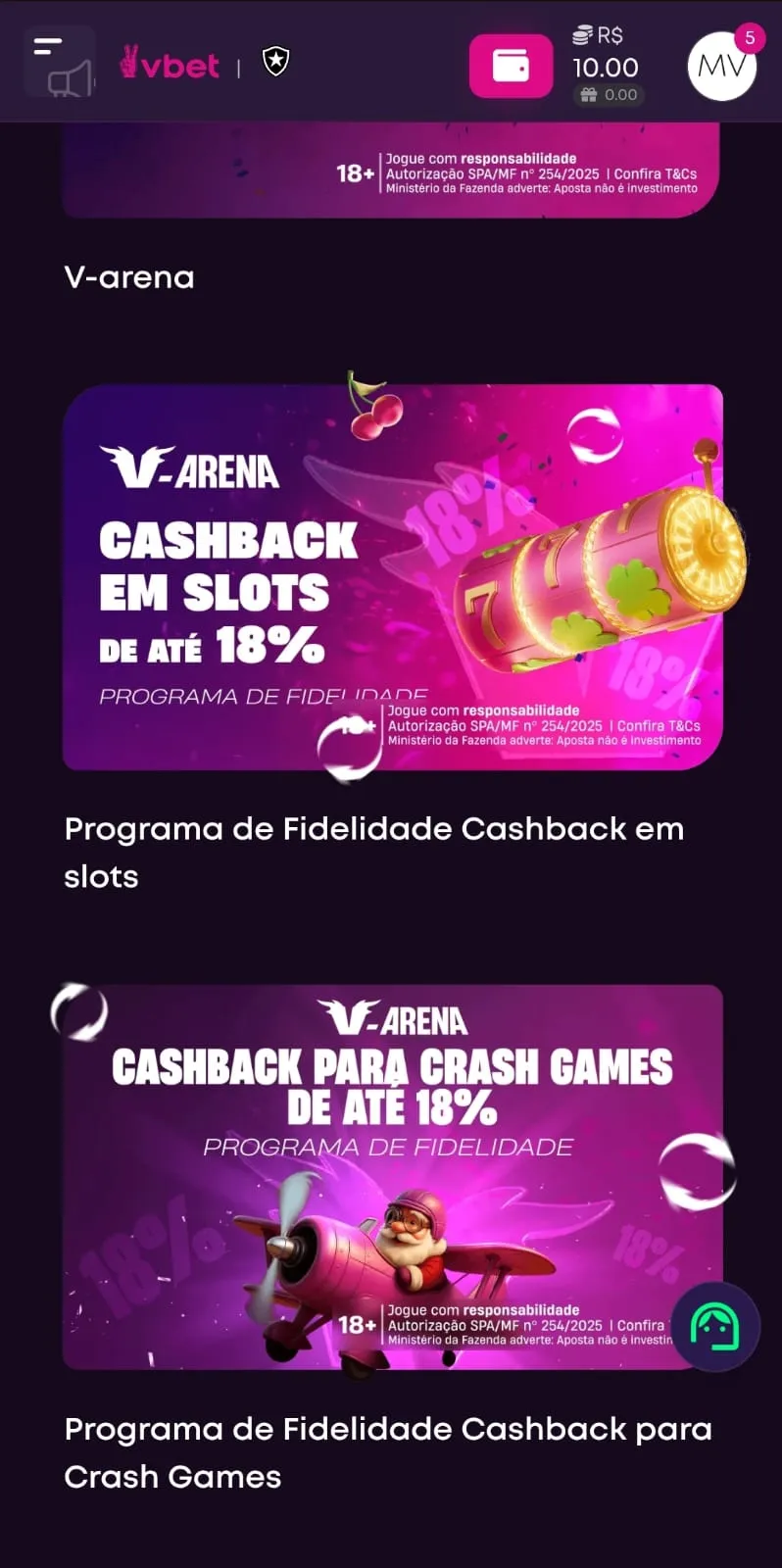 Print da página de promoções da VBet com as ofertas de cashback de até 18% para slots e crash games