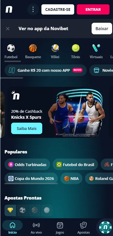 Tela inicial da Novibet com 20% de cashback na partida entre Knicks e Spurs pela NBA
