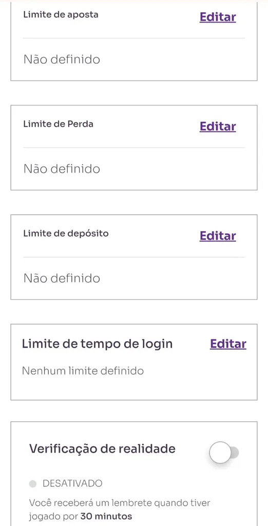 Configurações de limites de aposta, perda e depósito na conta VBET com opção de verificação de realidade.