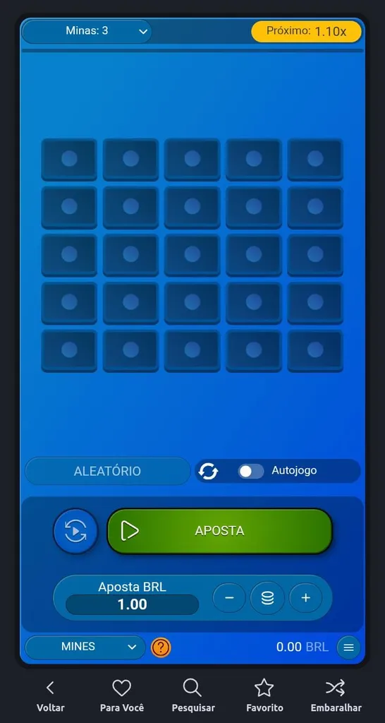 25 quadrados cobertos, em azul, do crash game Mines, com valor de aposta em R$1 e botão de aposta em verde
