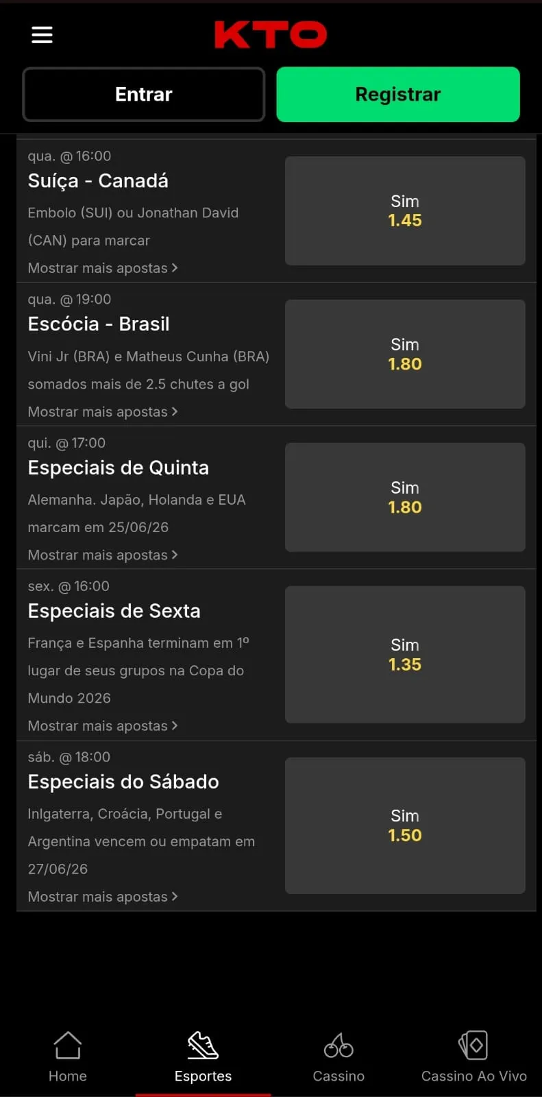 Mercados especiais KTO para os jogos da Copa do Mundo 