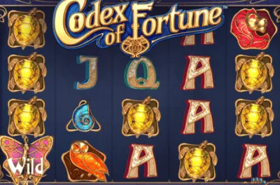 Diferentes figuras de animais estilizados e cartas de baralho da grade 5x4 do slot Codex of Fortune