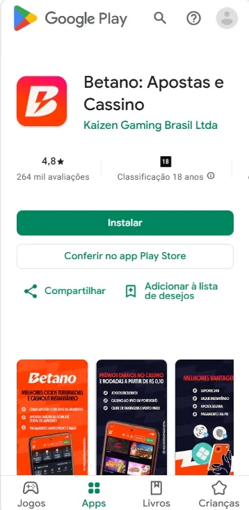 Página de download do app Betano na Play Store com nota 4,8 e 264 mil avaliações