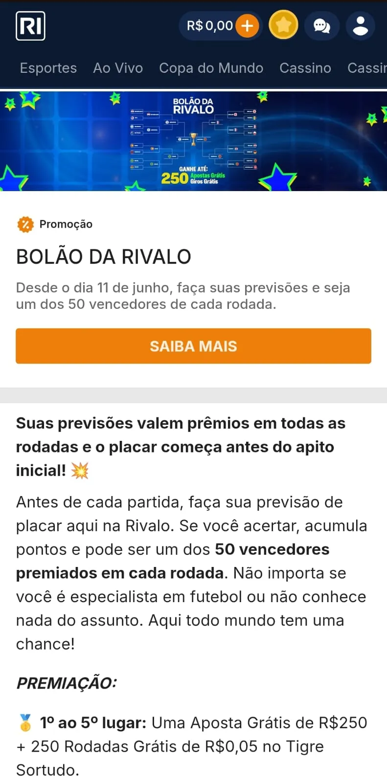 Tela mobile do Bolão da Rivalo para a Copa do Mundo 2026
Data: 22/06/2026