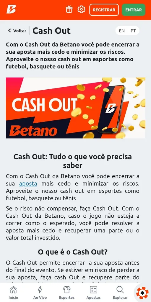 Tela da Betano sobre Cash out