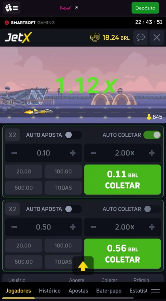 Rodada do jogo do foguetinho na Vbet, com valor de coletar em 0.11 BRL em 1 botão de aposta em 0.56 BRL no outro 
