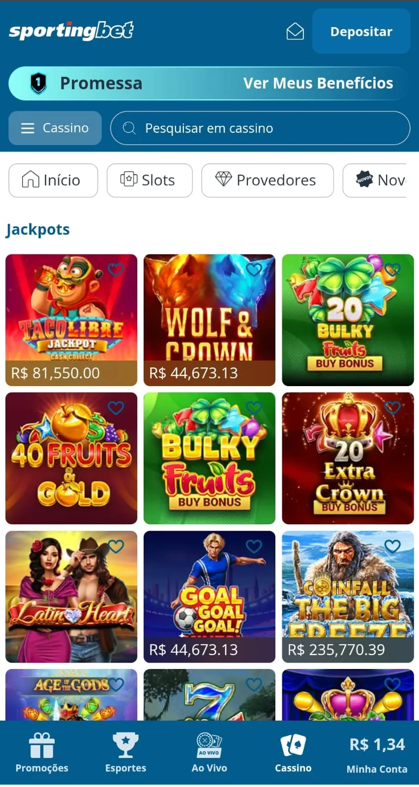 Seção de jogos de jackpot na Sportingbet com mais de 30 opções, incluindo títulos exclusivos.