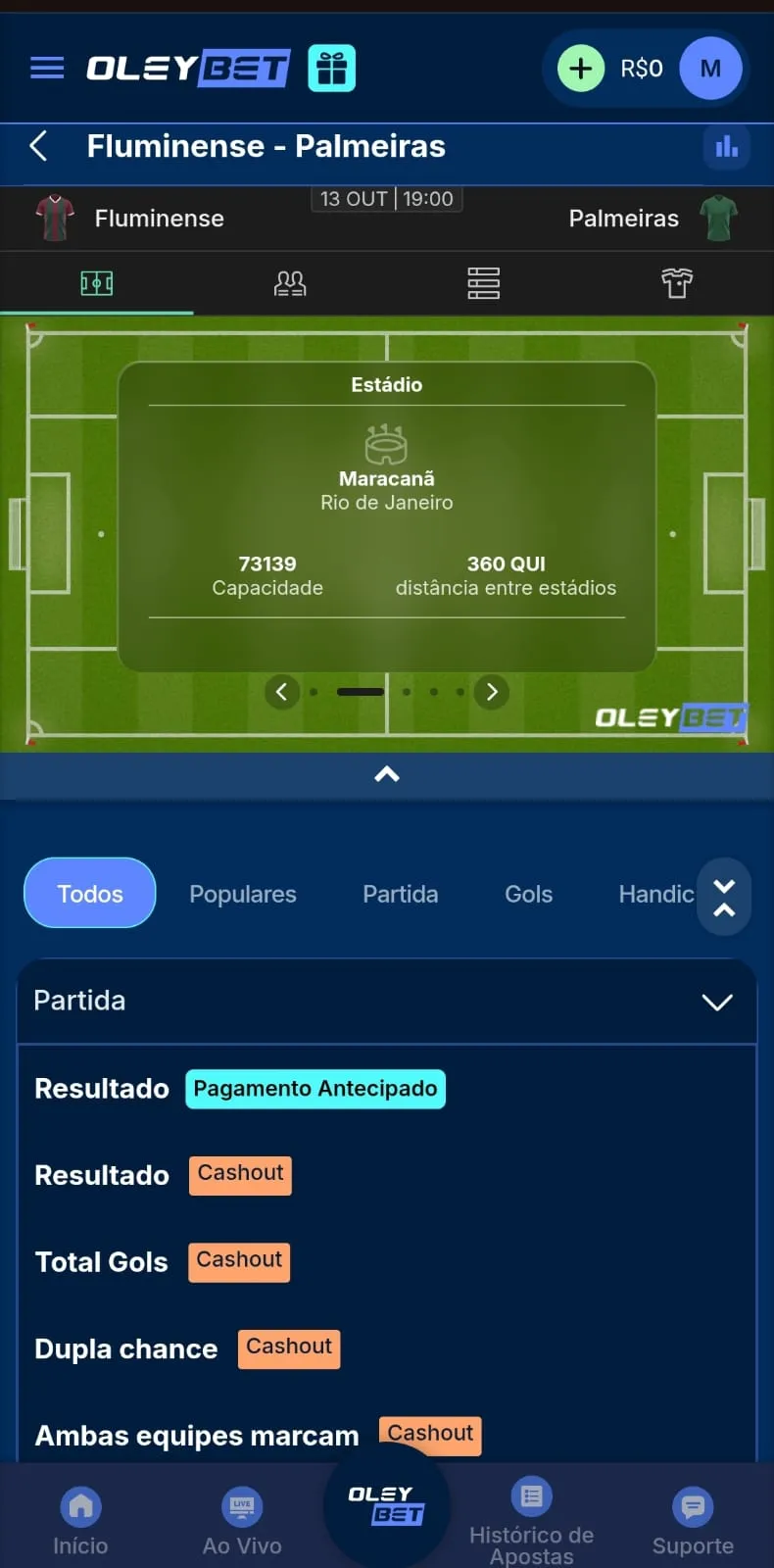Mercados para o jogo de ida entre Fluminense x Palmeiras na Oleybet, com as funções de Pagamento Antecipado e cash out disponíveis.