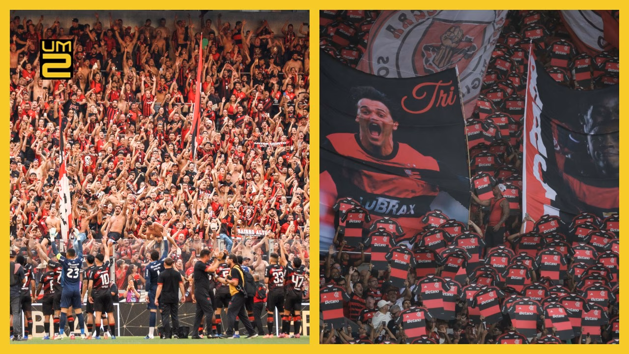 Montagem mostra torcedores de Athletico e Flamengo nas arquibancadas antes de duelo pelo Campeonato Brasileiro.