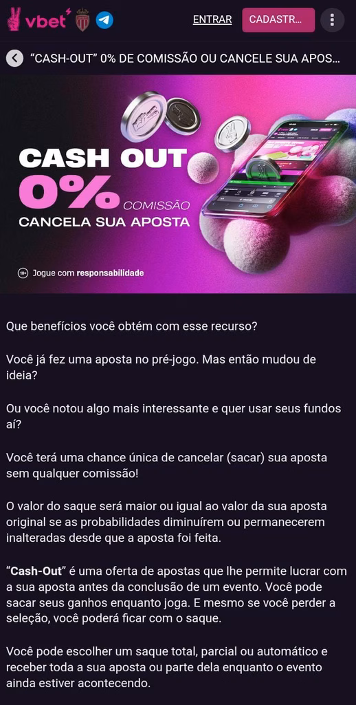 Tela da Vbet com Cash out de 0% comissão