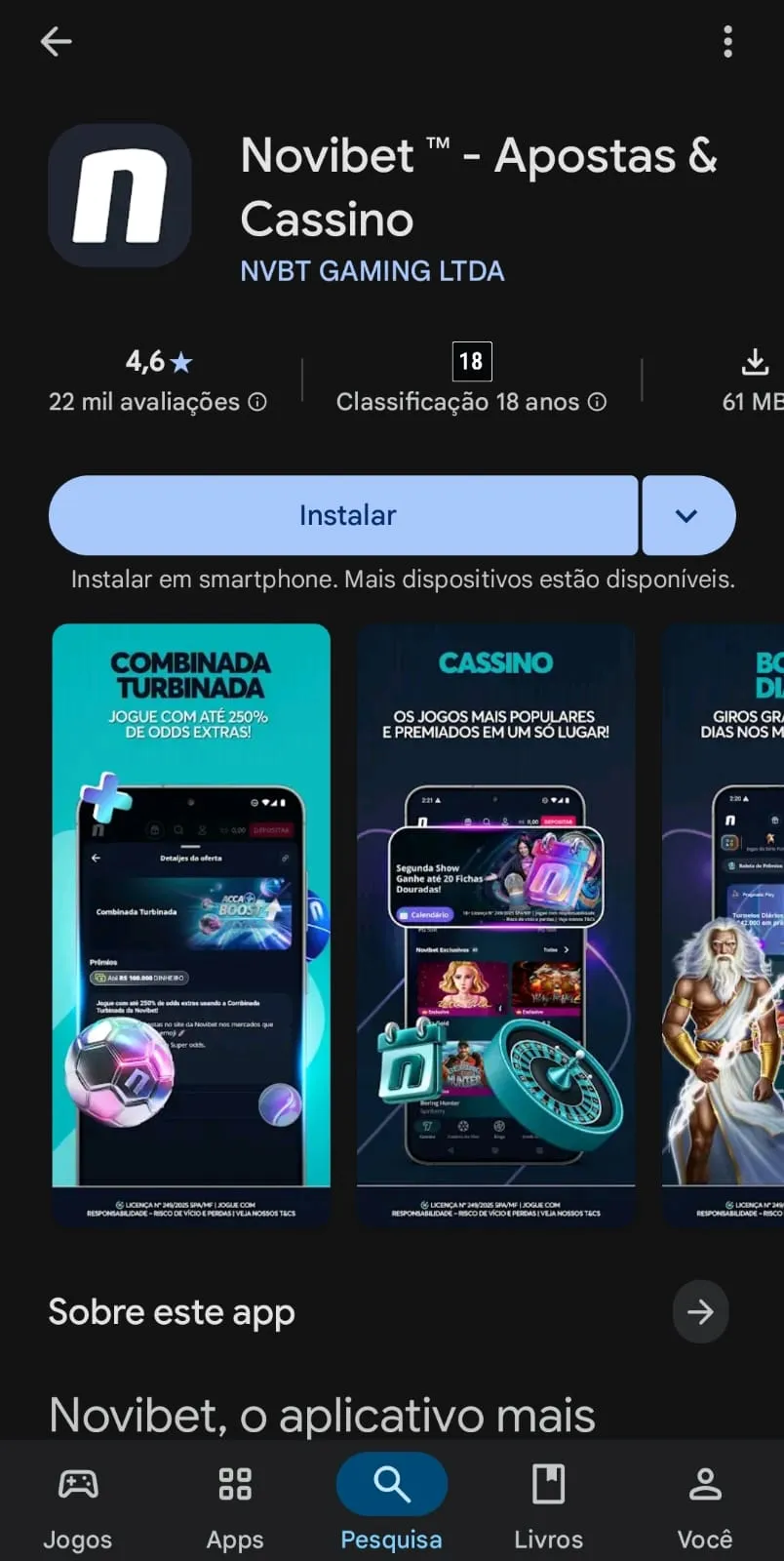 Aplicativo da Novibet na Play Store com mais de 20 mil avaliações.