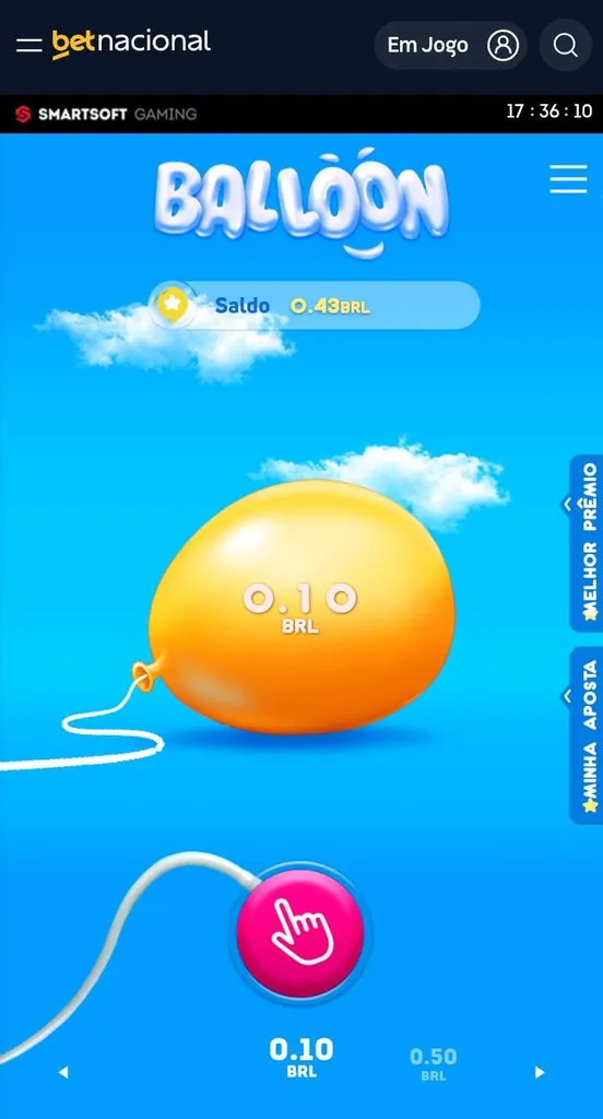 Jogo Balloon na Betnacional com aposta de R$ 0,10 e balão inflando.