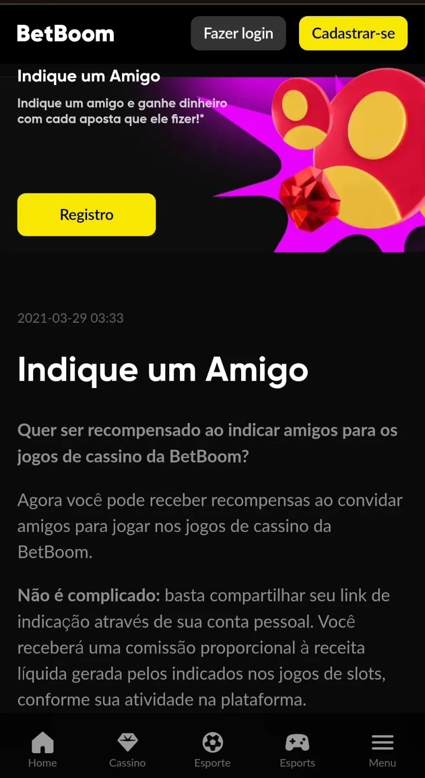 Bônus de indicação de cassino da Betboom com informações sobre a oferta.