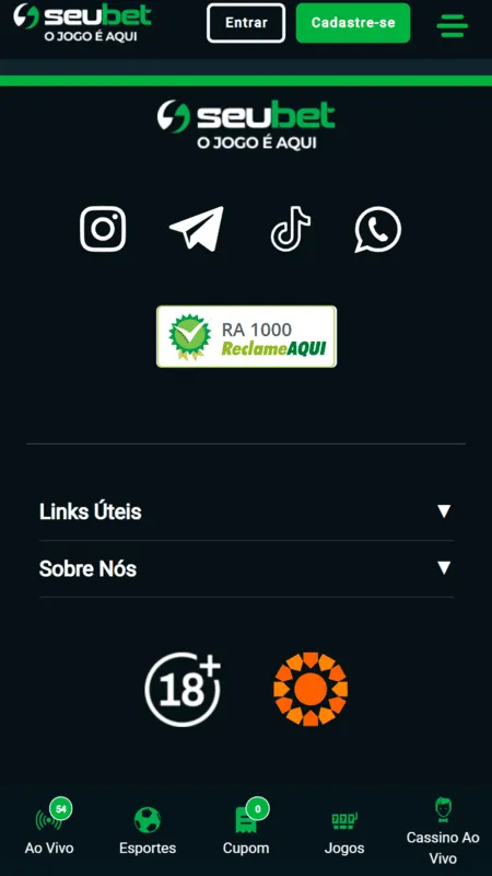 Cassino Seubet com alertas de jogo permitido para maiores de 18 anos, acesso às redes sociais, além de selo do Reclame Aqui.