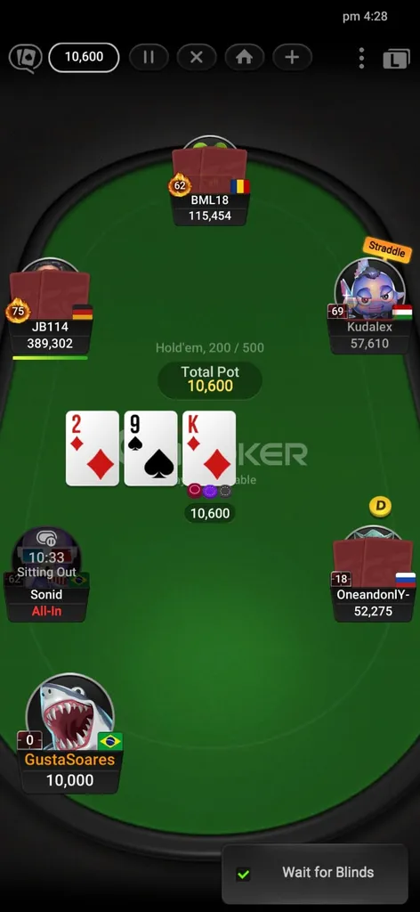 Jogo de poker Texas Holdem na GGpoker com seis jogadores no momento do flop.