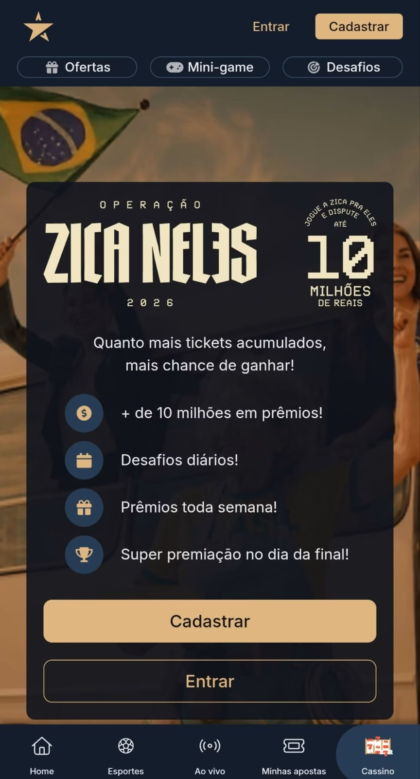 Operação Zica Neles da Estrelabet com desafios diários e premiações de mais de R$ 10 milhões durante Copa do Mundo.