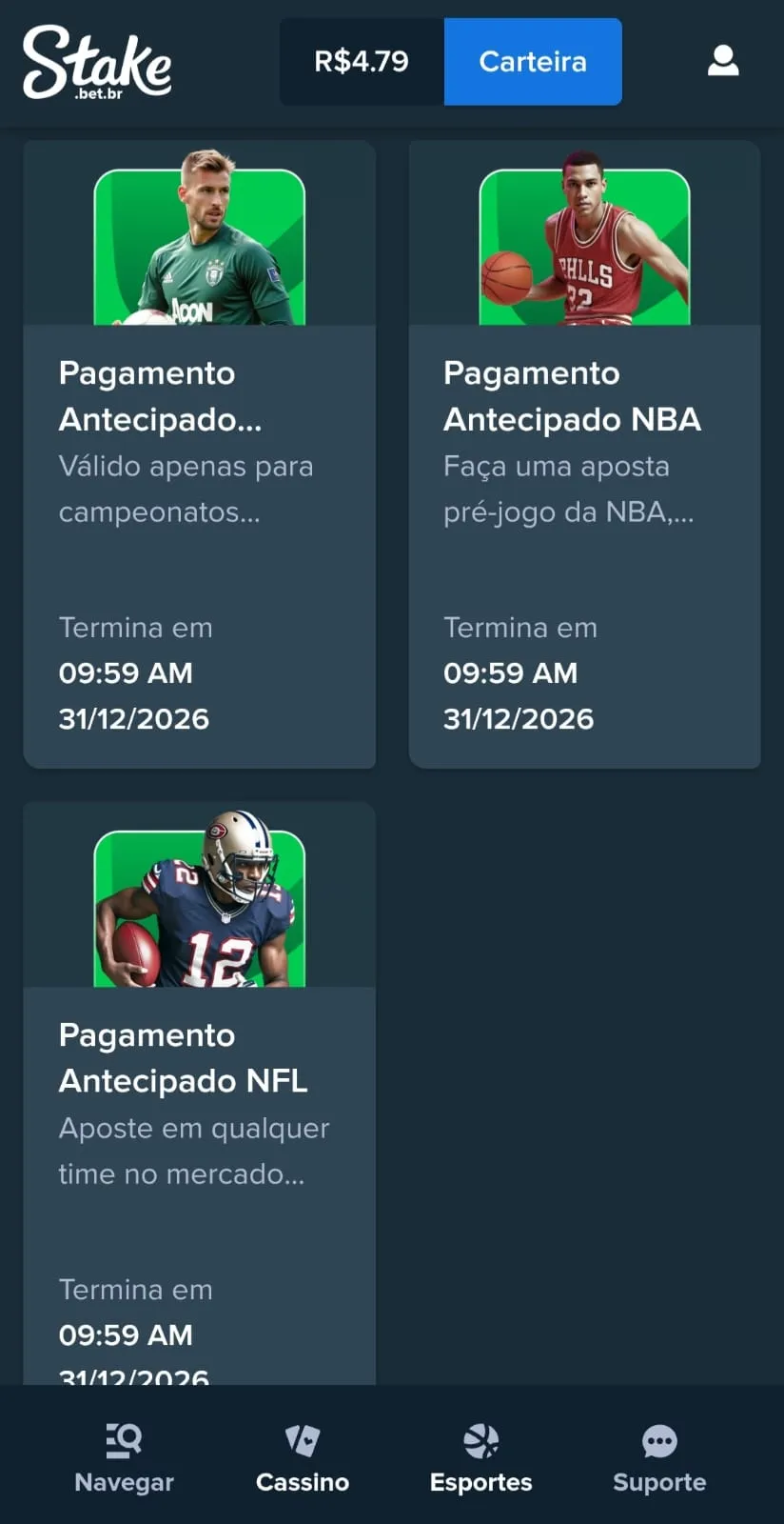 Oferta de pagamento antecipado na Stake para futebol, NBA e NFL com data de validade em 31/12/2026.