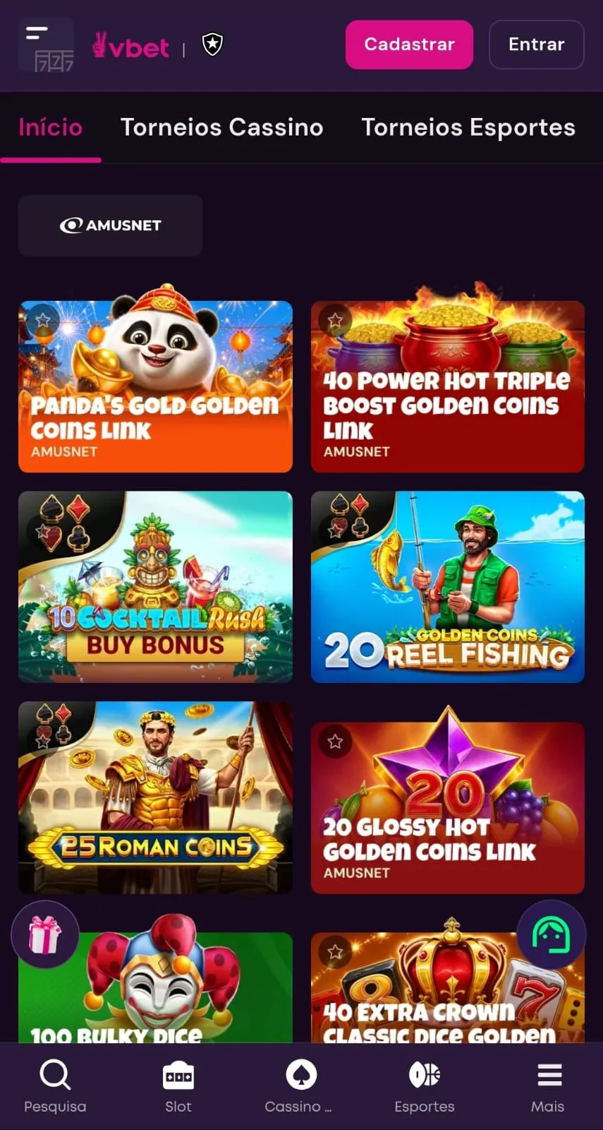 Print da seção "Estourando Jackpot" na Vbet que conta com mais de 20 títulos disponíveis.