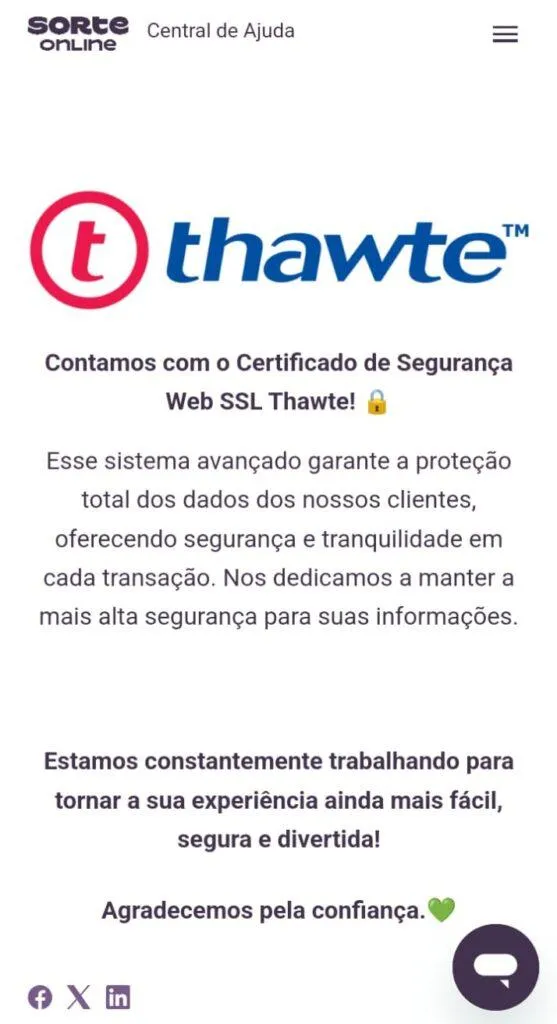 Certificado de segurança Web SSL Thawte da Sorte Online, com texto explicativo sobre o sistema