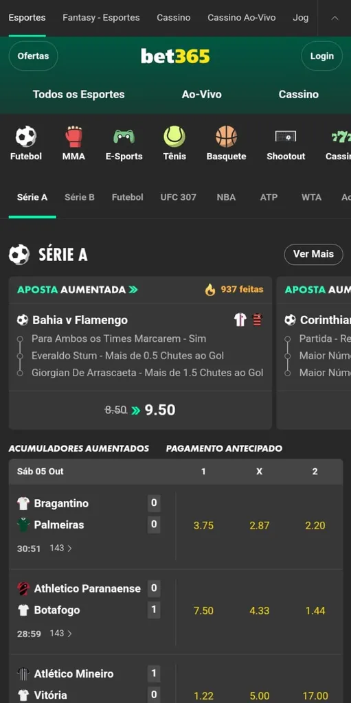 Odds da Aposta Aumentada do jogo Bahia vc Flamengo e lista de 3 eventos na Série A do Brasileirão na Bet365