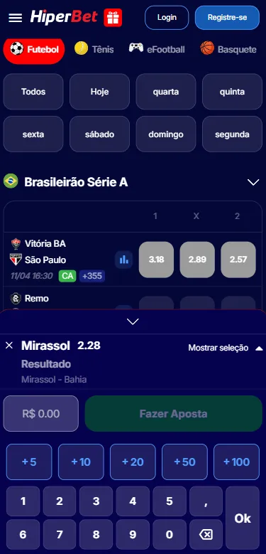 Aposta simples na HiperBet com odds para Mirassol e Bahia na série A com pagamento antecipado