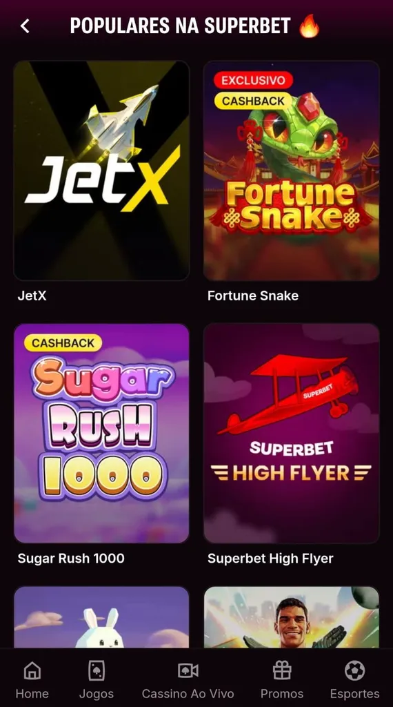 App cassino da Superbet com os jogos mais populares como JetX, Fortune Snake, Sugar Rush 1000 e mais.