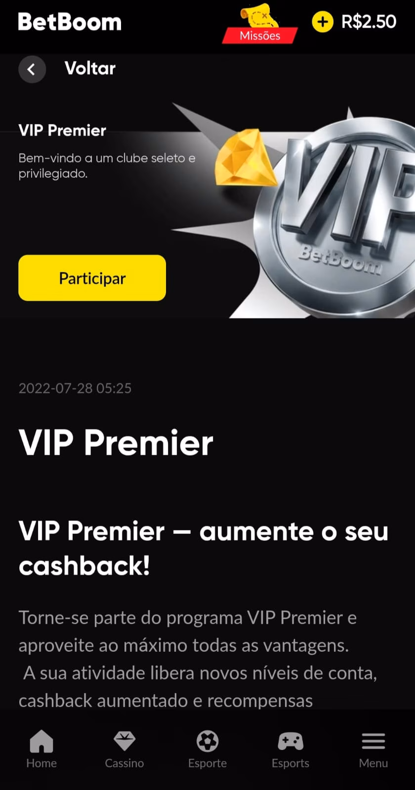 Oferta VIP Premier da Betboom com níveis de porcentagem dos benefícios.
