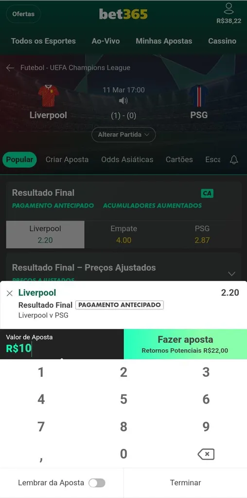 Boletim de apostas com pagamento antecipado na Bet365 com palpite de R$10 no Liverpool no resultado final contra o PSG.