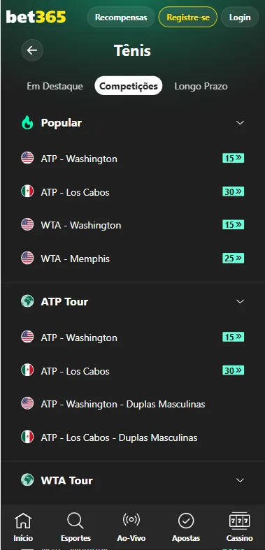 Torneios populares de tênis como ATP Washington, ATP Los Cabos, WTA Washington e WTA Memphis na bet365