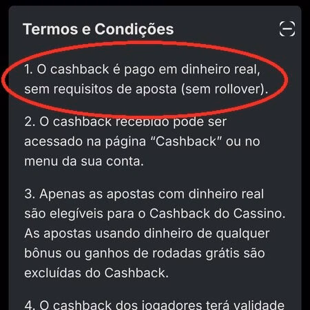 Texto dos 3 primeiros pontos dos Termos e Condições de uma oferta de cashback de cassino online