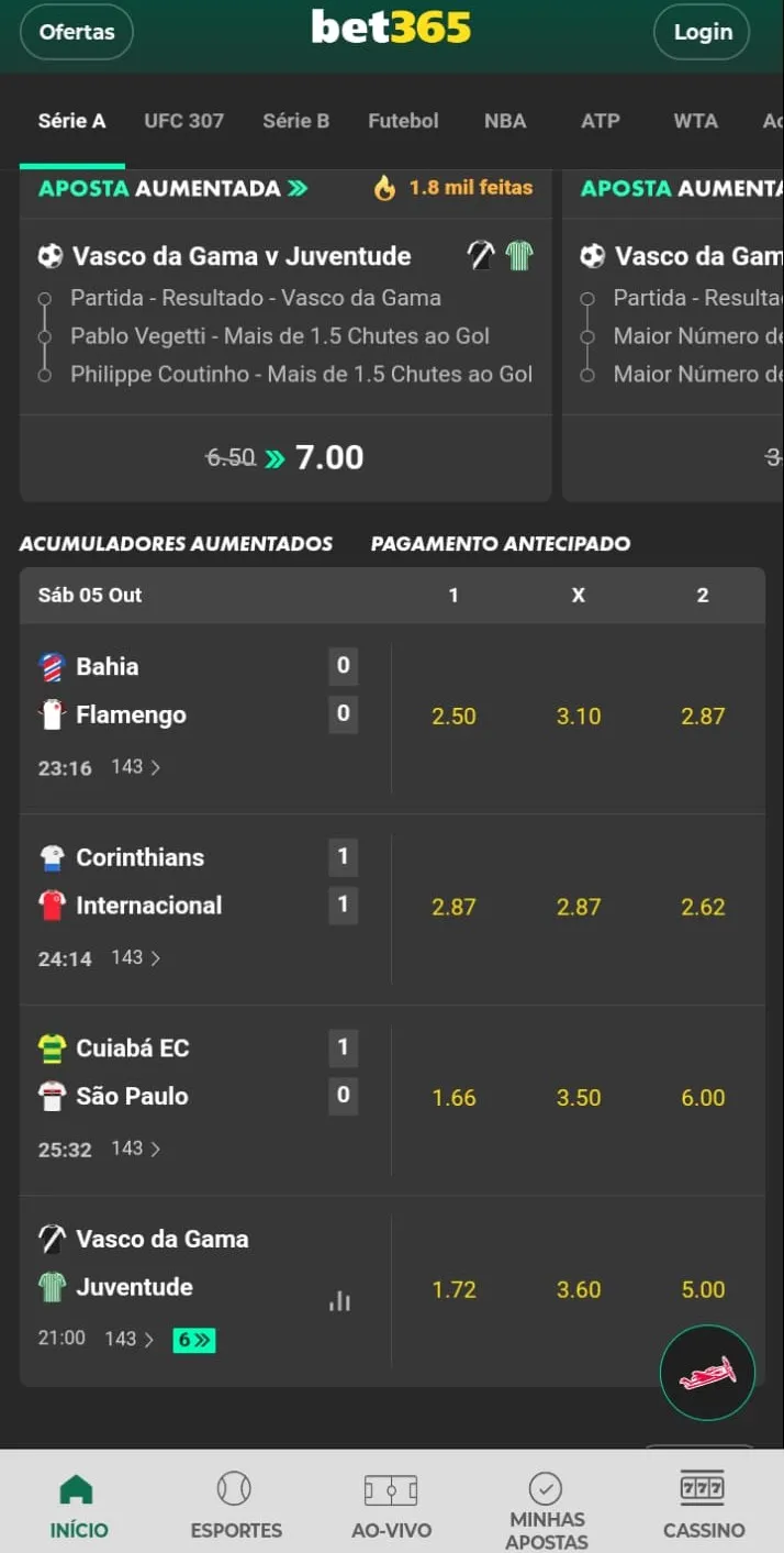 Página de apostas esportivas do app da Bet365