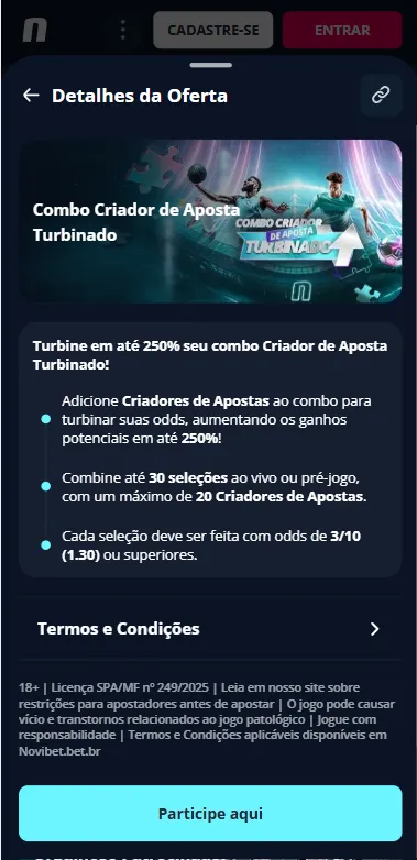 Criador de Aposta Turbinado da Novibet com bônus de até 250% para combinações de até 30 seleções