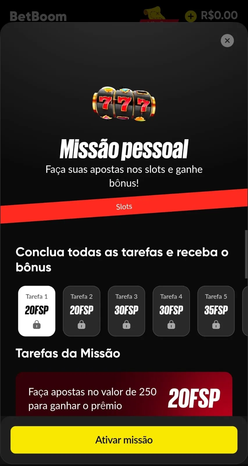 Missão disponível na Betboom com 20 giros grátis e botão para ativar missão.