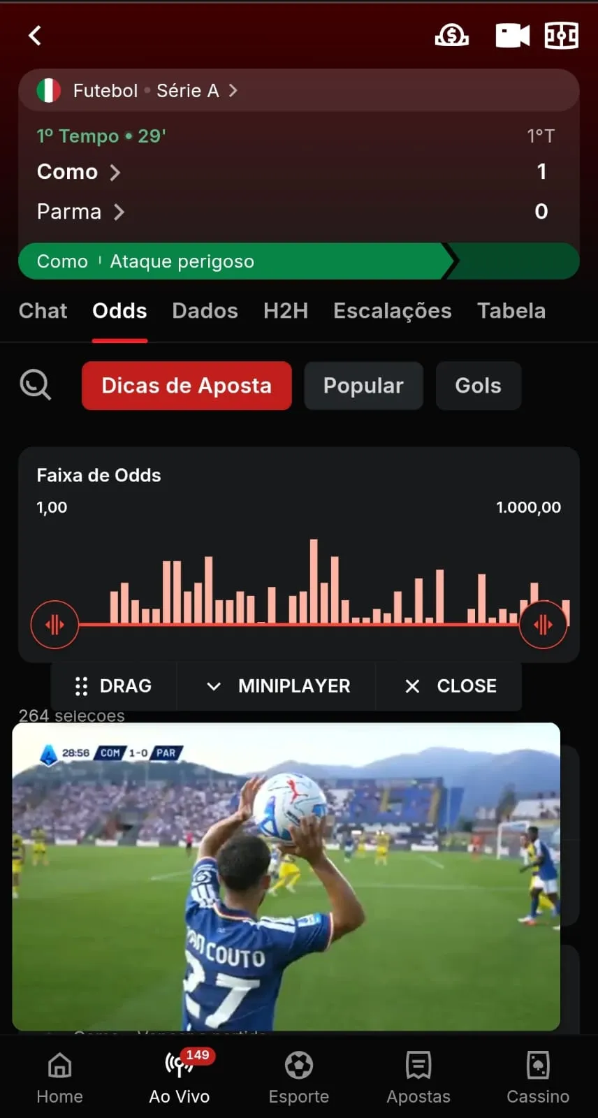 Jogo transmitido ao vivo pela Superbet com dicas de apostas em tempo real.