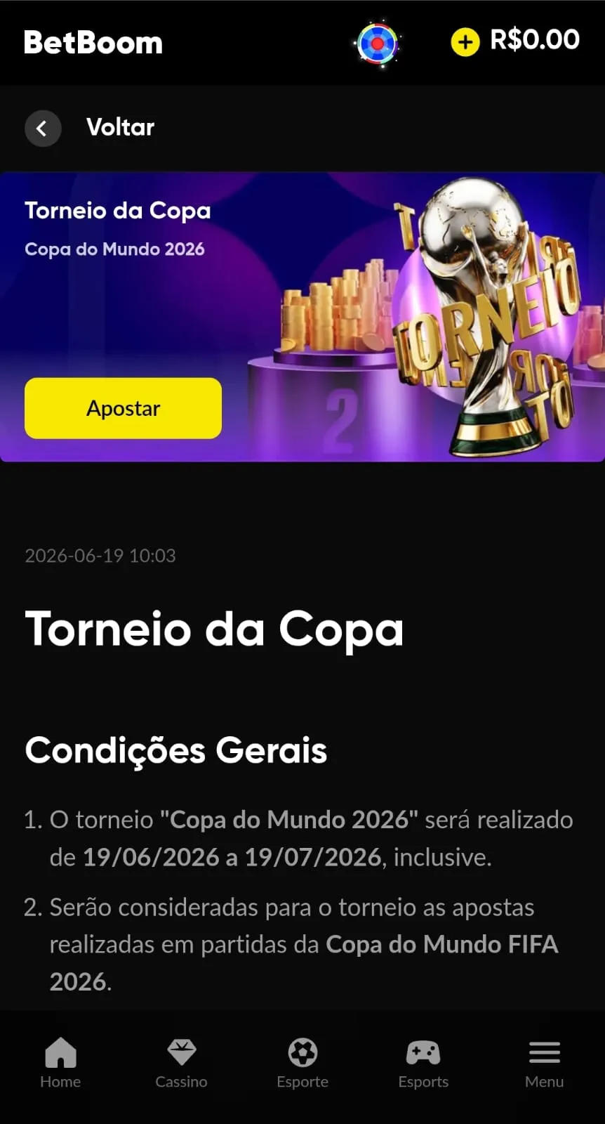 Torneio da Copa da BetBoom com prêmios de R$ 150 mil distribuídos entre os primeiros 100 colocados no ranking.