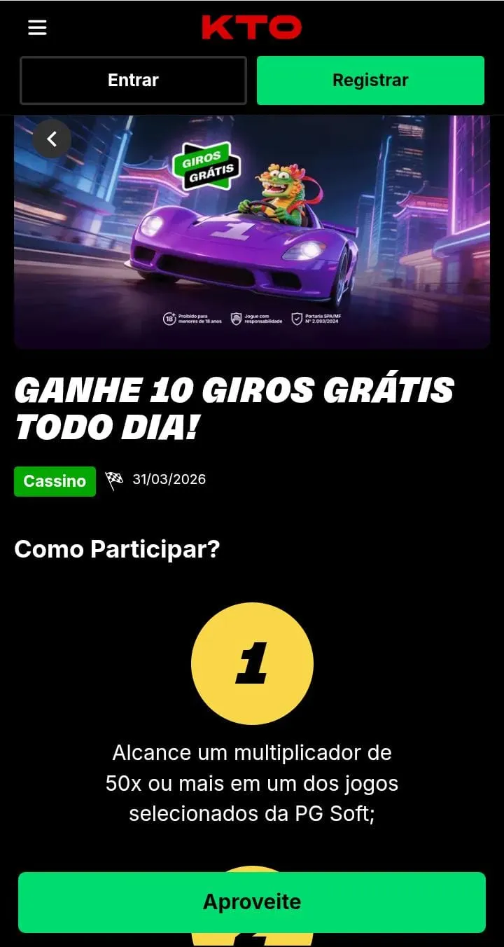 Personagem de Fortune Dragon dirigindo um carro e texto de como participar da oferta Ganhe 10 giros grátis todo o dia