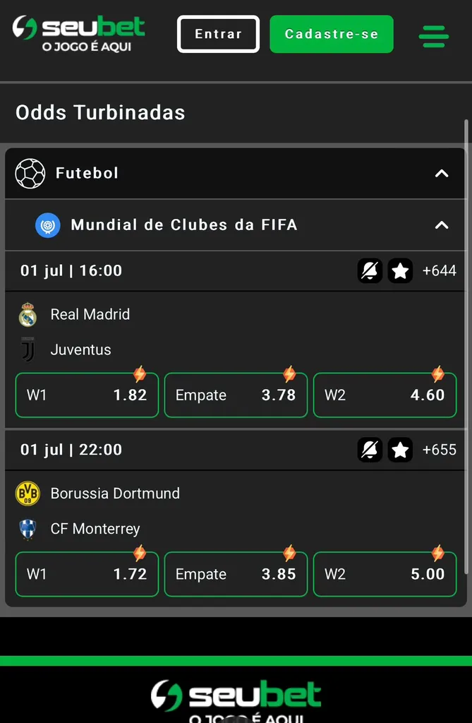 Odds turbinadas para jogos do Mundial de Clubes na Seubet com 1x2 em Real x Juventus e Dortmund x Monterrey.