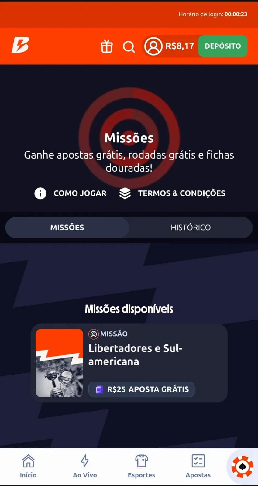 Missão Betano com recompensa de R$ 25 em apostas grátis na Libertadores e Sul-americana